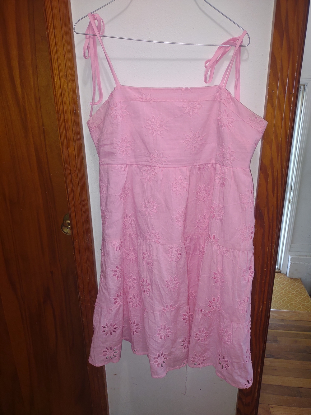 Pretty Pink Floral Eyelet Spaghetti Tie Strap Dress - Size Medium